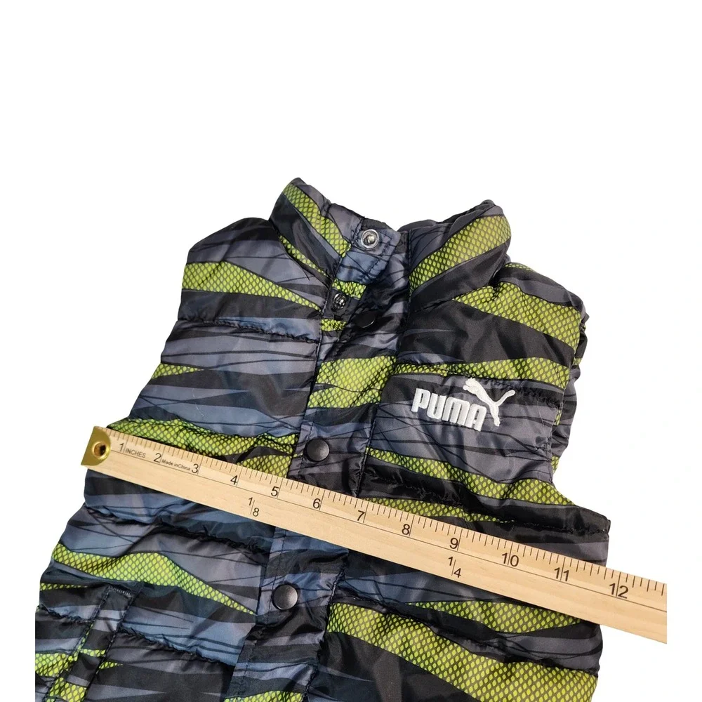 Puma Kids Puffer Vest Grey Lime Green Geometric‎ Print Snap Front Size 5